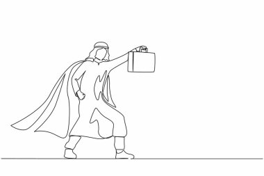 Tek sıra halinde erkek işadamı süper kahraman bavuluyla ayakta duruyor. Genç Arap işçinin portresi. Ofis, iş, çalışan konsepti. Aralıksız çizgi çizimi tasarım grafik vektör çizimi