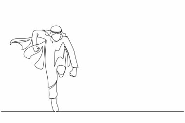 Devamlı tek sıra halinde koşan bir iş kahramanı. Cape super kahraman eylemleri yapan Arap iş adamı. Profesyonel güçlü süper kahramanlar. Başarı, liderlik. Bir çizgi çizimi grafik tasarım vektörü