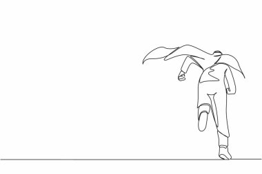 Ofise koşan iş adamı süper kahramanının arka plandaki durmaksızın çizgisi. Güçlü Arap iş adamı fikirler ve yenilikler konusunda hevesli. Tek çizgi çizimi tasarım vektörü grafik çizimi