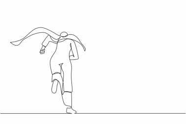 Ofise koşan Arap iş kadını süper kahraman hakkında sürekli bir bakış açısı. Güçlü iş kadını fikirlere, yeniliğe hevesli. Tek çizgi çizimi tasarım vektörü grafik çizimi