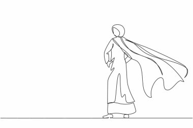 Tek sıra halinde, pelerinli süper kahraman rüzgarda çırpınıyor. Sırtında duruyor. Başarılı bir Arap iş kadını kahramanı. İş başarısı, liderlik ve zafer. Devamlı çizgi tasarım grafik vektörü