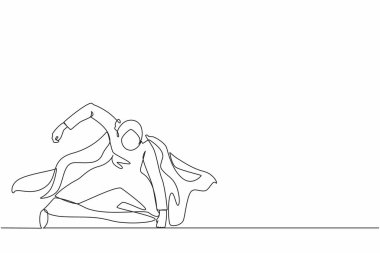 Aralıksız tek sıra halinde, güçlü bir harekette süper kahraman mantosuyla Arap iş kadınını kendine çekiyor. Ofis çalışanı kariyer başarısı için savaşmaya hazır. Bir çizgi grafik tasarım vektör çizimi