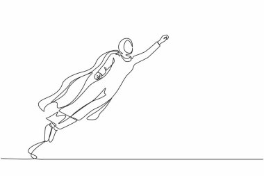 Süper Arap iş kadınını çeken tek sıra yumruğunu kaldırdı ve havada uçtu. İş dünyasının süper kahramanı, finans, büyüme, kariyer, lider. Bir çizgi çizimi grafik tasarım vektör çizimi