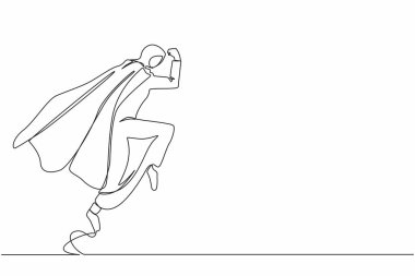 Tek sıra halinde, süper kahraman Arap iş kadını savuşturuyor. Kadın süper kadın kostümü ve dövüş üstüne manto giymiş. Zafer, kazanan konsept. Bir çizgi çizimi tasarım vektörü illüstrasyonu