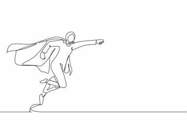 Süper Arap iş kadınlarına yumruk atmak, süper kahraman çalışan uçuşu, iş gücü, başarı ve zorlukların üstesinden gelmek. Bir çizgi çizimi grafik tasarım vektör çizimi