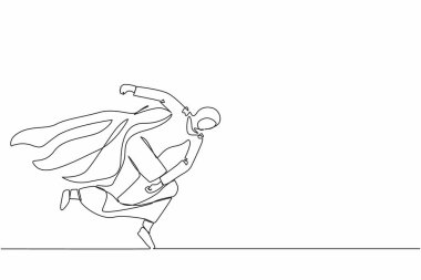 Sürekli bir çizgi halinde süper kahraman Arap iş kadını sorununu çözüyor. Engelleri ortadan kaldırmak. Kazanmak için motivasyon, güvenilir liderlik. Tek çizgi çizimi tasarım vektör çizimi