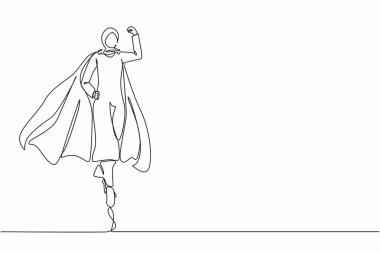 Tek çizgi halinde süper kahraman güçlü kas gösteriyor. Süper kahraman memur iş başında. Arap iş kadını karakter süper kahraman. Ofis çalışanları. Aralıksız çizgi çizimi tasarım grafik vektör çizimi