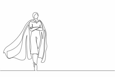 Bir satırda belirlenmiş Arap iş kadını ya da ofis çalışanı süper kahraman pelerinli. İş hayatında liderlik ve güç kavramı. Aralıksız çizgi çizimi tasarım grafik vektör çizimi