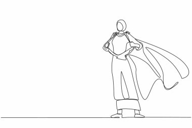 Aralıksız olarak çizdiği bir çizgi, güçlü bir süper kahramanın gerçek kimliğini ortaya koyuyor. Süper kahraman tişörtünü yırtıyor ve kostüm giyiyor. Tek çizgi çizimi tasarım vektörü grafik çizimi