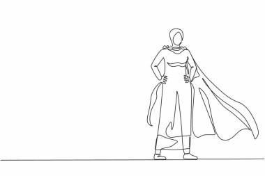 Tek sıra halinde, süper kahraman pelerini giyen Arap iş kadınlarını çekiyor. Süper kahraman gibi giyinmiş bir iş adamı. Başarılı iş kadını, pelerinli süper kahraman. Bir çizgi grafik tasarım vektörü