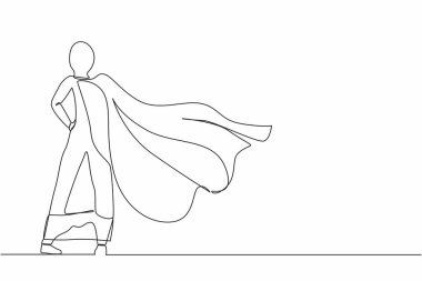 Tek sıra, takım elbise ve pelerin giymiş kendine güvenen Arap iş kadınını geri çekiyor. Başarılı bir süper kahraman girişimci olarak. Liderlik, başarı, kariyer. Bir çizgi grafik tasarım vektörü