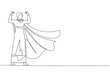 Tek satır Arap iş kadını süper kahraman karakter, ofis çalışanı kadın süper kahraman. Pelerinli ya da pelerinli, süper kahraman pozunda duran bir iş kadını. Devamlı çizgi çizimi grafik vektörü