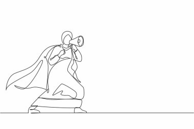 Arap süper kahramanının megafonla konuştuğu bir satır devam ediyor. Pelerinli bir süper kahraman, elinde megafon tutan mutlu bir iş kadını, başarılı bir takım lideri. Tek çizgi çizimi tasarım vektörü grafik çizimi