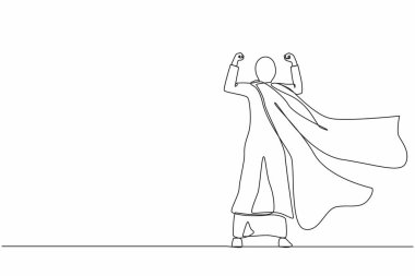 Tek sıra halinde geri çekilen süper Arap iş kadını. Güçlü pozlarda bir kadın. İş hayatında başarı ve zafer. Pelerinli süper kahraman. Bir çizgi çizimi grafik tasarım vektör çizimi