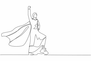 Ofis tesettüründeki süper kahraman Arap iş kadını pelerinle yukarıya doğru uçuyor. Başarılı olduğu için sevinçli bir kadın yumruğunu kaldırıyor. Bir çizgi çizimi grafik tasarım vektörü