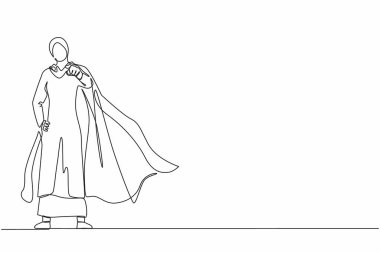 Tek sıra halinde, süper kahraman pelerinli Arap iş kadınlarını çekiyor. Lider veya patron hedef göstererek strateji geliştirmeyi hedefler. Devamlı çizgi çizimi tasarım vektörü illüstrasyonu