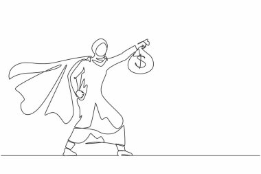 Devamlı olarak süper kahraman Arap iş kadını çizen bir çizgi gelir sembolü. Mutlu çalışan süper kahraman para çantası metaforu gösteriyor. Gelir, yatırım, kar, büyüme. Tek çizgi tasarım vektörü