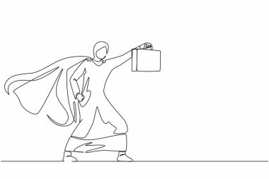 Sürekli bavulla duran Arap iş kadını bir süper kahraman çiziyor. Genç bir ofis çalışanının portresi. Ofis, iş, çalışan. Tek çizgi çizimi tasarım vektörü grafik çizimi