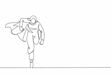 Bir satırlık iş kahramanı çizimi. Cape super kahraman eylemleri yapan Arap iş kadını. Profesyonel çalışan güçlü süper kahramanlar. Başarı, liderlik. Devamlı çizgi çizim tasarım vektörü