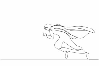 Süper Arap iş kadınının hızlı koştuğu tek sıra. İş dünyasının süper kahramanı göreve koşuşturuyor, iş konsepti hedefi, başarı, başarı. Aralıksız çizgi çizimi tasarım grafik vektör çizimi