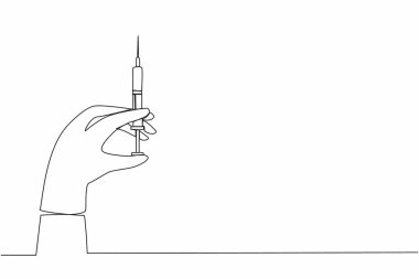 Devamlı bir çizgi, doktor elini çeken şırınga iğneyi yapmaya hazır. Aşı ve tıbbi enjeksiyon. Sağlık sigortası, tıbbi aşı konsepti. Tek çizgi çizimi tasarım vektörü grafik çizimi