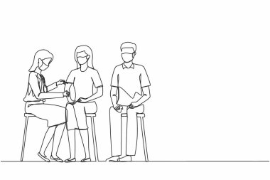 Klinikte maske takan kadın doktorların Coronavirus 'a karşı aşı yaptığı tek sıra. Dokunulmazlık, bağışıklık, kovan aşısı. Bir çizgi çizimi grafik tasarım vektör çizimi