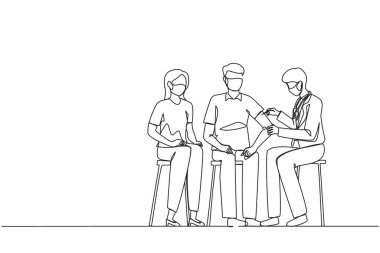 Sürekli çizim yapan tek bir doktor hastaya antiviral iğne yapıyor. Erkek doktor, insan kolu kaslarına koronavirüs aşısı enjekte ediyor. Koronavirüse karşı aşı. Bir çizgi tasarımı vektör illüstrasyonu