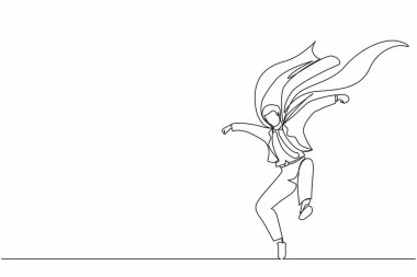 Sürekli olarak pelerinli erkek iş adamı çiziyor. Gökyüzünden başarılı bir süper kahraman indi. Liderlik, hedefe ulaşmak için meydan oku. Tek çizgi çizimi tasarım vektörü grafik çizimi