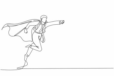Devamlı bir satır çizen süper işadamı yumrukları, çalışan süper kahraman uçuşu, iş konsepti gücü, başarı ve zorlukların üstesinden gelme. Tek çizgi çizimi tasarım vektörü grafik çizimi