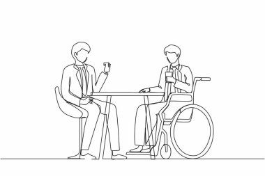 Erkeklerin birlikte zaman geçirdiği tek çizgi. İki iş adamı iş toplantısında konuşur. Meslektaşlar kahve molası verir. Engelli erkek arkadaşıyla kahve içiyor. Devamlı çizgi tasarım vektörü