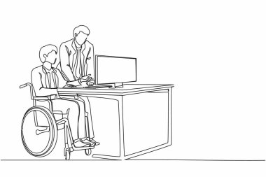 Tekli sıra, tekerlekli sandalyedeki engelli işadamını ofis arkadaşı ile çalışmaya çekiyor. İnsanlar iş grafiğini bilgisayarda tartışıyor. Bir çizgi çizimi grafik tasarım vektör çizimi