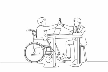 Devamlı bir sıra, engelli işadamını ofisteki ortağına beşlik çakarken çekiyor. Ofis çalışanı tekerlekli sandalyede keyifle oturuyor. Meslektaşlar başarıyı kutluyor. Tek çizgi grafik tasarım vektörü 