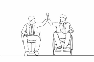Tekerlekli sandalye kullanan engelli işadamlarının finans ve yatırım danışmanlığında iş adamlarına beşlik çakması. Tek çizgi çizimi tasarım vektörü grafiği