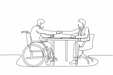 Tekli sıra halinde, tekerlekli sandalyedeki engelli adamla röportaj yapmak için iki adam ofiste buluşuyor. Karşısında oturan patron iş bulduğu için tebrik etmek için el sıkışıyor. Bir çizgi grafik tasarım vektörü