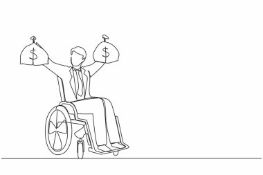 Bir satırda bir dolar para çantası tutan bir işadamı. Engelli tekerlekli sandalyedeki adam için engelli sigortası ödemeleri. Koruma programı. Devamlı çizgi tasarımı grafik vektör illüstrasyonu