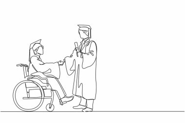 Tekerlekli sandalyedeki yüksek lisans öğrencisinin sürekli el sıkışması ve elinde diploma tutması. Tek çizgi çizimi tasarım vektörü grafik çizimi