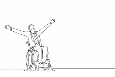 Tekli sandalyede oturan işadamını tek sıra halinde çekmek, mutlulukta el kaldırmak, rehabilitasyon kavramı. Mutlu insan sevinçten ellerini kaldırıyor. Bir çizgi çizimi grafik tasarım vektörü