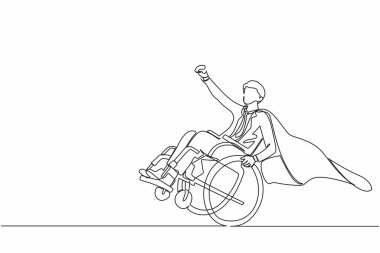 Tek sıra halinde, pelerin giymiş mutlu, engelli iş adamını çekiyor süper kahraman gibi davranıp, ellerini kaldırıyor. Hayatın zorluklarına rağmen mutlu ve güçlü ol. Bir çizgi çizimi grafik tasarım vektörü