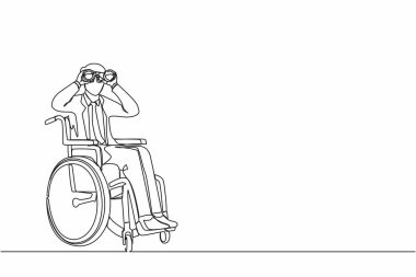 Tekerlekli sandalyedeki başarılı iş adamını yeni fikirler, çözümler ve kararlar için dürbünlü bakışlarıyla sürekli çeken bir çizgi. Fırsat kavramını keşfet. Tek çizgi çizimi tasarım vektörü grafiği