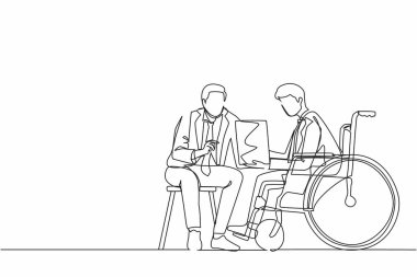 Tekli sandalyede gülümseyen özürlü bir hastanın doktorla konuşup tıbbi muayenenin sonuçlarını tartışması. Doktor kontrol listesi. Devamlı çizgi çizimi tasarım vektörü illüstrasyonu