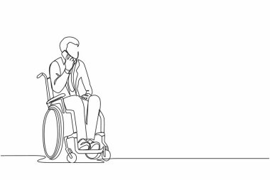 Tekerlekli sandalyedeki engelli adamın evde çalışırken telefonla konuşması. Yaralı iş adamı müşterisiyle telefonda konuşuyor. Tek çizgi çizme tasarım vektörü