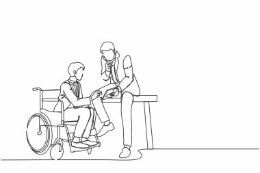 Tekerlekli sandalyede oturan işadamının sürekli çizdiği tek çizgi işletme grafiğini müdüre sunuyor. Modern ofisteki çeşitli iş arkadaşları. Bir çizgi çizimi tasarım vektörü illüstrasyonu