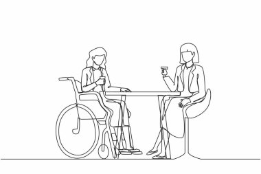 İki iş kadınının iş toplantısında konuştuğu tek sıra. Meslektaşlar kahve molası verir. Engelli kadın arkadaşıyla kahve içiyor. Dinamik bir çizgi grafik tasarım vektörü