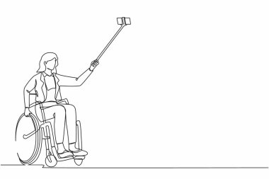 Tekli sandalyedeki iş kadınının telefon ve sopayla selfie çektiği tek sıra. Tekerlekli sandalyedeki engelli kadın akıllı telefondan selfie çekiyor. Bir çizgi çizimi grafik tasarım vektörü