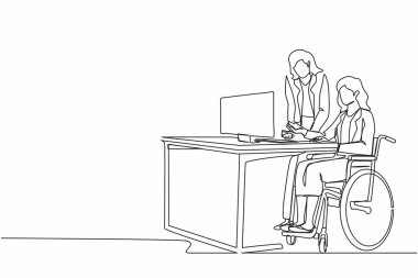 Tekerlekli sandalyedeki engelli iş kadınının, iş arkadaşlarıyla birlikte çalıştığı sürekli bir çizgi. İnsanlar iş grafiğini bilgisayarda tartışıyor. Tek çizgi çizimi tasarım vektörü grafik çizimi