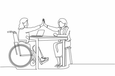 Bir satırda engelli iş kadını ofisteki ortağına beşlik çakıyor. Ofis çalışanı tekerlekli sandalyede keyifle oturuyor. Meslektaşlar başarıyı kutluyor. Devamlı çizgi tasarım grafik vektörü