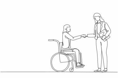 Tekli sandalyedeki engelli iş kadınını iş ortağı veya patronuyla tokalaştıran tek sıra. İş arkadaşımla engelli yönetici diyaloğu. Bir çizgi grafik tasarım vektörü