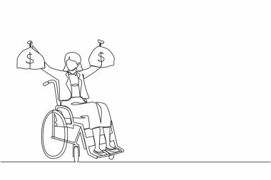 Para çantasını tutan iş kadınının sürekli çizdiği bir çizgi. Engelli tekerlekli sandalyeli kadın için engelli sigortası ödemeleri. Koruma programı. Tek çizgi çizimi tasarım vektör çizimi