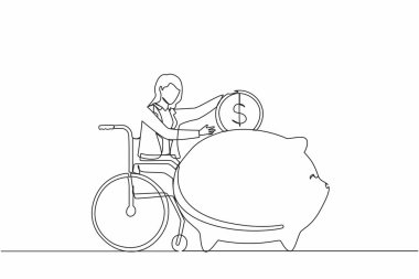 Bozuk para biriktirmek için tek sıra halinde engelli bir iş kadını. Tekerlekli sandalyede elinde domuz kumbarası olan ve parayı düşünen biri. Engelli, finans konsepti. Devamlı çizgi çizim tasarım vektörü