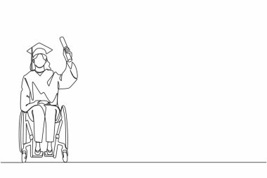 Tek, sürekli, kapsayıcı, ekonomik eğitim çizgisi. Tekerlekli sandalyedeki engelli kız öğrencilerin mezuniyeti okul ve üniversite programından öğrenildi. Bir çizgi tasarımı vektör illüstrasyonu